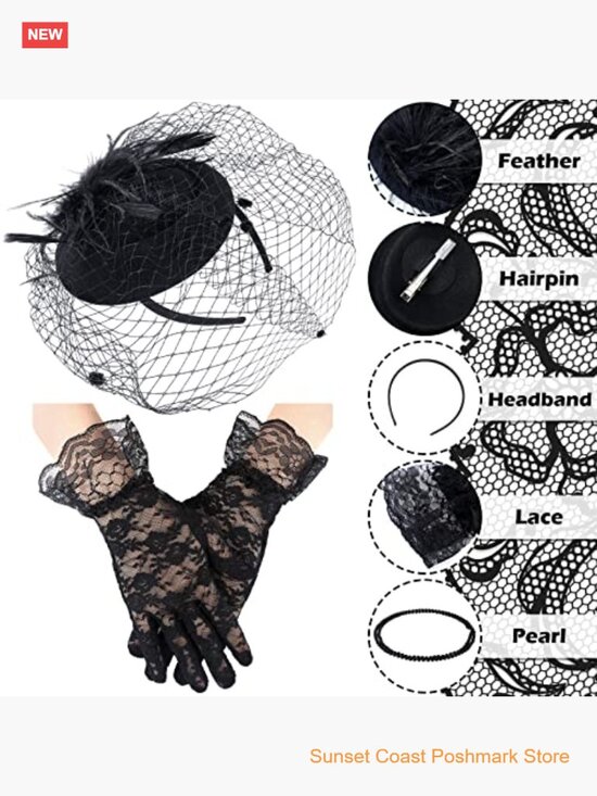 Fascinator Hat Set with Mesh Veil Lace Gloves Necklace Earrings Tea Party